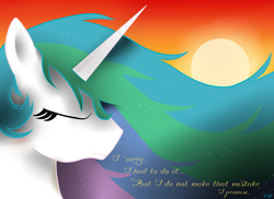 Size: 2338x1700 | Tagged: safe, artist:victoria-luna, princess celestia, alicorn, pony, eyes closed, flowing mane, sad, sun, text