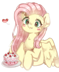 Size: 1024x1260 | Tagged: safe, artist:rozenhain, fluttershy, pegasus, pony, :p, blush sticker, blushing, bust, cake, cute, ethereal mane, eyes on the prize, female, food, heart, heart eyes, highlights, looking at something, looking down, mare, pictogram, shyabetes, silly, simple background, solo, spread wings, starry mane, stars, tongue out, weapons-grade cute, white background, wingding eyes, wings