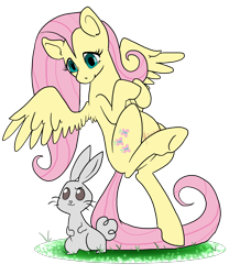 Size: 1750x2100 | Tagged: safe, artist:theluckyblackcatlbc, angel bunny, fluttershy, pegasus, pony, rabbit, female, head turn, looking at something, looking down, mare, midair, simple background, solo, spread wings, transparent background, wings