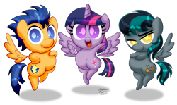 Size: 2532x1506 | Tagged: safe, artist:aleximusprime, flash sentry, twilight sparkle, twilight sparkle (alicorn), oc, oc:gryph, alicorn, pegasus, pony, chibi, female, looking at you, male, mare, simple background, smiling, stallion, transparent background, trio