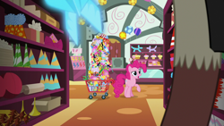 Size: 1280x720 | Tagged: safe, screencap, discord, pinkie pie, pony, discordant harmony, female, flying napkin, male, mare, napkin, shopping cart