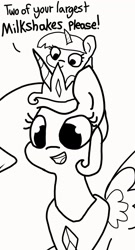 Size: 1104x2048 | Tagged: safe, artist:tjpones, princess celestia, twilight sparkle, alicorn, pony, cute, cutelestia, dialogue, duo, female, filly, filly twilight sparkle, momlestia, monochrome, open mouth, pony hat, size difference, sketch, smol, twiabetes, younger