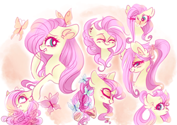 Size: 1024x726 | Tagged: safe, artist:pinkablue, fluttershy, butterfly, pegasus, pony, abstract background, alternate hairstyle, blushing, bust, ear fluff, expressions, eyes closed, female, glasses, lidded eyes, mare, raised hoof, scrunchie, scrunchy face, smiling, solo