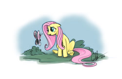 Size: 1024x662 | Tagged: safe, artist:crfahey, fluttershy, butterfly, pegasus, pony, floppy ears, looking at something, open mouth, sitting, solo, wingless