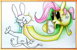 Size: 960x622 | Tagged: safe, artist:coke-brother, angel bunny, fluttershy, pegasus, pony, wat