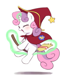 Size: 700x800 | Tagged: safe, artist:30clock, sweetie belle, pony, unicorn, blushing, broom, cape, clothes, cute, diasweetes, eyes closed, flying, flying broomstick, hat, levitation, magic, magician, open mouth, simple background, smiling, solo, telekinesis, white background, witch