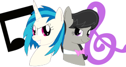 Size: 1560x827 | Tagged: safe, artist:hippityhoppity28, dj pon-3, octavia melody, vinyl scratch, earth pony, pony, unicorn, black mane, female, gray coat, horn, mare, two toned mane, white coat