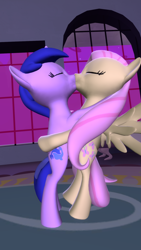 Size: 1080x1920 | Tagged: safe, artist:viranimation, fluttershy, sea swirl, seafoam, earth pony, pegasus, pony, 3d, female, flutterswirl, hug, kissing, lesbian, request, requested art, shipping, source filmmaker