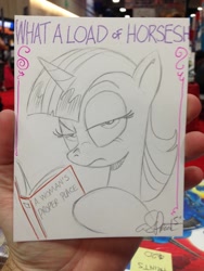 Size: 768x1024 | Tagged: safe, artist:andypriceart, derpibooru import, twilight sparkle, twilight sparkle (alicorn), alicorn, pony, book, female, frown, glare, looking at you, mare, raised eyebrow, solo, traditional art, unamused, vulgar