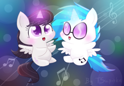 Size: 2000x1385 | Tagged: safe, artist:freckledbastard, artist:tsupirka, dj pon-3, octavia melody, vinyl scratch, earth pony, pony, alicornified, chibi, glowing horn