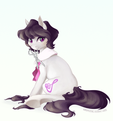 Size: 800x858 | Tagged: safe, artist:egophiliac, octavia melody, earth pony, pony, alternate hairstyle, haircut, mouth hold, scissors, short mane, solo, underhoof