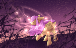 Size: 1280x820 | Tagged: safe, artist:rainpath5466, fluttershy, pegasus, pony, eyes closed, female, floppy ears, mare, night, profile, raised hoof, smiling, solo, standing, windswept mane, wings