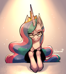 Size: 921x1022 | Tagged: safe, artist:ink_architect, princess celestia, alicorn, pony, abstract background, business suit, clothes, ethereal mane, female, glasses, jewelry, looking at you, mare, raised eyebrow, solo, sparkles, starry mane, suit, tiara