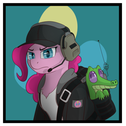 Size: 1750x1750 | Tagged: safe, artist:whyena, gummy, pinkie pie, alligator, pony, clothes, female, hat, mare