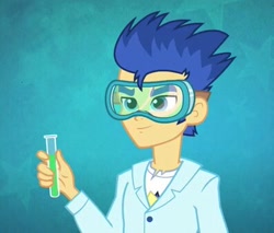 Size: 397x338 | Tagged: safe, screencap, flash sentry, equestria girls, friendship games, clothes, cropped, goggles, lab coat, male, smiling