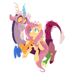 Size: 2600x2657 | Tagged: safe, artist:waackery, discord, fluttershy, draconequus, pegasus, pony, cute, digital art, discoshy, discute, female, heart, male, mare, shipping, shyabetes, simple background, straight, transparent background