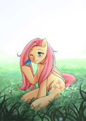 Size: 1200x1697 | Tagged: safe, artist:liny-an, fluttershy, bird, pegasus, pony, backlighting, blushing, daytime, female, folded wings, grass, grass field, hoof hold, mare, nature, one eye closed, sitting, smiling, solo, sun, wink