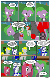 Size: 792x1224 | Tagged: safe, artist:dekomaru, pinkie pie, rarity, spike, oc, dragon, pony, unicorn, comic:the greatest gift, clothes, comic, dress, pinkamena diane pie, ponified, ponified spike, sad, suit