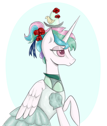 Size: 5000x5900 | Tagged: safe, artist:waffletheheadmare, princess celestia, alicorn, bird, pony, bust, clothes, dress, eyelashes, eyeshadows, flower, hair tie, hat, makeup, one hoof raised, portrait, ribbon, rose, simple background, smiling