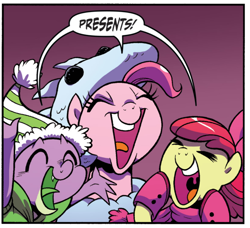 Size: 1144x1045 | Tagged: safe, idw, apple bloom, pinkie pie, spike, dragon, earth pony, pony, spoiler:comic, spoiler:comicholiday2017, cropped, snow