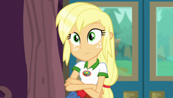 Size: 1920x1090 | Tagged: safe, screencap, applejack, equestria girls, legend of everfree, camp everfree outfits, crossed arms, hatless, missing accessory, solo, wet hair