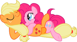 Size: 1750x958 | Tagged: safe, artist:storfulsten, applejack, pinkie pie, earth pony, pony, applepie, cuddling, eyes closed, female, lesbian, on back, shipping, simple background, smiling, transparent background