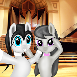 Size: 2136x2136 | Tagged: safe, artist:thepianistmare, octavia melody, oc, oc:klavinova, earth pony, pony, black hair, classy, irl, musical instrument, organ, photo, pipe organ, ponies in real life, selfie, siblings