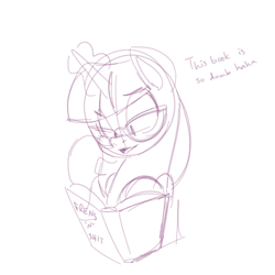 Size: 700x700 | Tagged: safe, artist:goat train, derpibooru import, twilight sparkle, twilight sparkle (alicorn), alicorn, pony, book, dialogue, glasses, magic, monochrome, reading, sketch, solo, telekinesis, vulgar