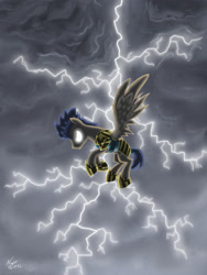 Size: 1800x2400 | Tagged: safe, artist:nightpaint12, flash sentry, pegasus, pony, armor, flash the lightning-bearer, flying, glowing eyes, lightning, male, royal guard, solo, stallion