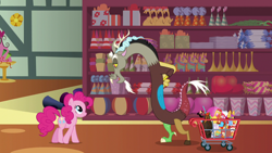 Size: 1280x720 | Tagged: safe, screencap, discord, pinkie pie, draconequus, earth pony, pony, discordant harmony, duo, female, male, mare, piñata, shopping cart, store, volcano