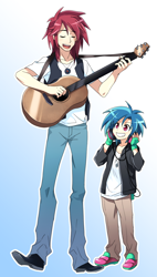 Size: 748x1313 | Tagged: safe, artist:megarexetera, dj pon-3, long play, vinyl scratch, human, 33 1-3 lp, brother and sister, female, guitar, humanized, male, siblings