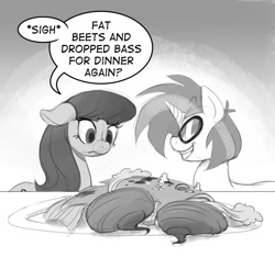 Size: 600x564 | Tagged: safe, artist:onipolice, dj pon-3, octavia melody, vinyl scratch, earth pony, fish, pony, unicorn, beets, dead, dinner, drop the bass, duo, female, floppy ears, food, frown, grayscale, grin, mare, monochrome, pun, smiling