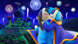 Size: 1920x1080 | Tagged: safe, artist:phoenixperegrine, dj pon-3, octavia melody, vinyl scratch, earth pony, pony, aladdin, female, fireworks, kissing, lesbian, scratchtavia, shipping