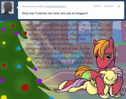 Size: 1280x1012 | Tagged: safe, artist:pampoke, big macintosh, fluttershy, pegasus, pony, an apple and four angels, ask, christmas, christmas tree, cuddling, female, floppy ears, fluttermac, fluttershy's cottage, holiday, male, preggoshy, pregnant, shipping, sleeping, straight, tree, tumblr