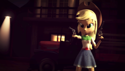 Size: 1920x1080 | Tagged: safe, artist:razethebeast, applejack, equestria girls, 3d, clothes, cowboy hat, denim skirt, dual wield, female, freckles, gun, handgun, hat, revolver, skirt, solo, source filmmaker, stetson, truck, weapon