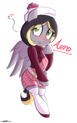 Size: 1196x1920 | Tagged: safe, artist:willisninety-six, oc, oc only, oc:aero, pegasus, pony, semi-anthro, aero replies, belt, bipedal, blushing, clothes, colt, crossdressing, hat, heart, lipstick, makeup, male, offspring, parent:derpy hooves, parent:oc:warden, parents:canon x oc, parents:warderp, shoes, simple background, skirt, socks, solo, stockings, trap, white background