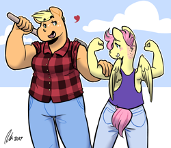 Size: 1280x1106 | Tagged: safe, artist:rwl, applejack, fluttershy, anthro, earth pony, pegasus, applejacked, appleshy, buff, burly, butch, clothes, female, freckles, height difference, lesbian, lumberjack, mare, muscles, shipping, size difference, tanktop