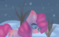 Size: 1680x1050 | Tagged: safe, artist:generallegion, pinkie pie, earth pony, pony, bare tree, colored pupils, female, mare, snow, solo, tree, winter