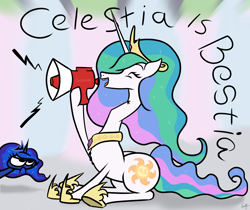 Size: 1600x1342 | Tagged: safe, artist:underwoodart, princess celestia, princess luna, alicorn, pony, duo, female, gift art, hoof hold, mare, megaphone, siblings, signature, simple background, sisters, sitting, updated