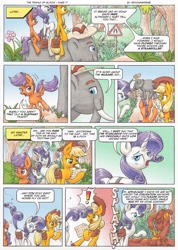 Size: 3490x4890 | Tagged: safe, artist:xeviousgreenii, applejack, rarity, scootaloo, oc, oc:trunkington, earth pony, elephant, fly, pony, unicorn, comic:the temple of bloom, absurd resolution, comic, flower, map, monocle, mud, muddy, pith helmet, road sign, saddle bag, stetson, swatting, tail whip, traditional art, tree