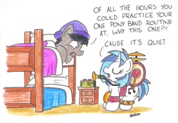 Size: 2261x1565 | Tagged: safe, artist:bobthedalek, dj pon-3, octavia melody, vinyl scratch, earth pony, pony, unicorn, bunk bed, duo, hat, musical instrument, nightcap, octavia is not amused, unamused