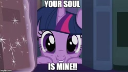 Size: 599x337 | Tagged: safe, derpibooru import, screencap, twilight sparkle, twilight sparkle (alicorn), alicorn, amending fences, book, bookshelf, bronybait, cute, image macro, meme, soul, twiabetes, your soul is mine