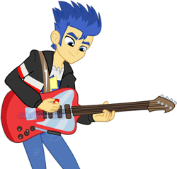 Size: 1600x1531 | Tagged: safe, artist:jucamovi1992, flash sentry, equestria girls, clothes, guitar, guitar pick, male, pants, playing, simple background, transparent background