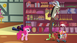 Size: 1280x720 | Tagged: safe, screencap, discord, pinkie pie, draconequus, earth pony, pony, discordant harmony, duo, female, lava lamp, male, mare, piñata, rubber chicken, shopping cart, store, volcano