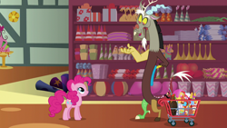 Size: 1280x720 | Tagged: safe, screencap, discord, pinkie pie, draconequus, earth pony, pony, discordant harmony, duo, female, lava lamp, male, mare, piñata, rubber chicken, shopping cart, store, volcano