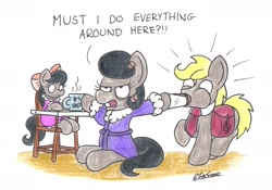 Size: 2033x1422 | Tagged: safe, artist:bobthedalek, octavia melody, oc, oc:mixed melody, oc:octavia's father, oc:octavia's mother, oc:ostinato melody, earth pony, pony, bags under eyes, bottle, bow, clothes, coffee, deadpan snarker, dress, dressing gown, foal, hair bow, hair curlers, incoming hypertavia, mix-up, mug, parent, saddle bag, this will end in tears, this will not end well, tired