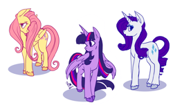 Size: 1280x777 | Tagged: safe, artist:palolabg, derpibooru import, fluttershy, rarity, twilight sparkle, twilight sparkle (alicorn), alicorn, pegasus, pony, unicorn, female, mare, unshorn fetlocks