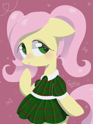 Size: 768x1024 | Tagged: safe, artist:1drfl_world_end, fluttershy, pegasus, pony, alternate hairstyle, bipedal, clothes, dress, female, floppy ears, looking at you, looking sideways, mare, smiling, solo