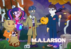 Size: 1000x684 | Tagged: safe, artist:pixelkitties, first base, flash sentry, sci-twi, twilight sparkle, equestria girls, book, dracula, draculaura, equestria girls-ified, flashlightbase family, fox mulder, knife, m.a. larson, michael myers, monster high, pennyroyal academy, pixelkitties' brilliant autograph media artwork, sam, trick 'r treat, x-files