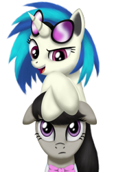 Size: 1200x1780 | Tagged: safe, artist:gennbu, dj pon-3, octavia melody, vinyl scratch, earth pony, pony, unicorn, black mane, female, gray coat, horn, mare, two toned mane, white coat